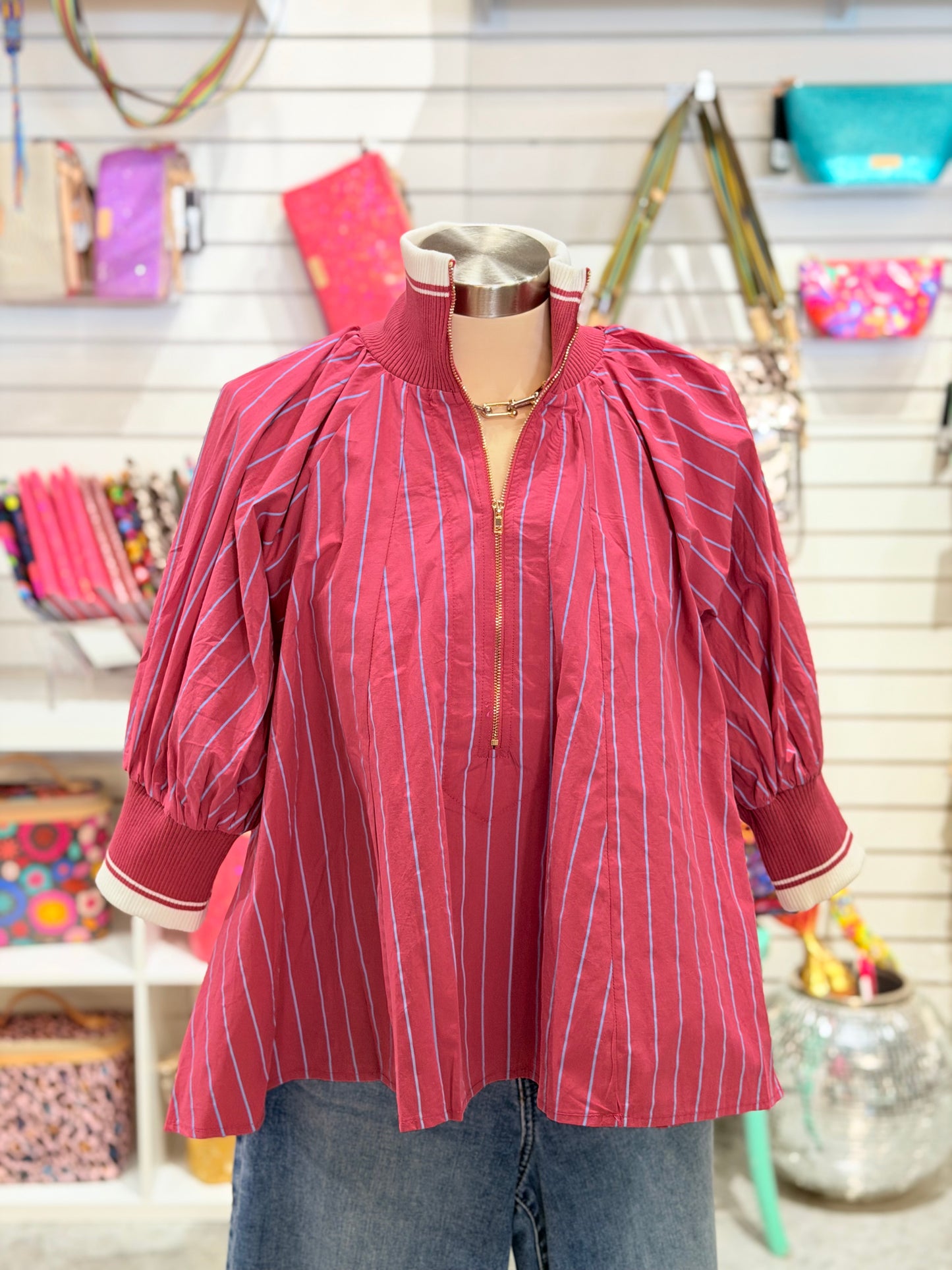 Hot Pink Striped Zip Neck Top