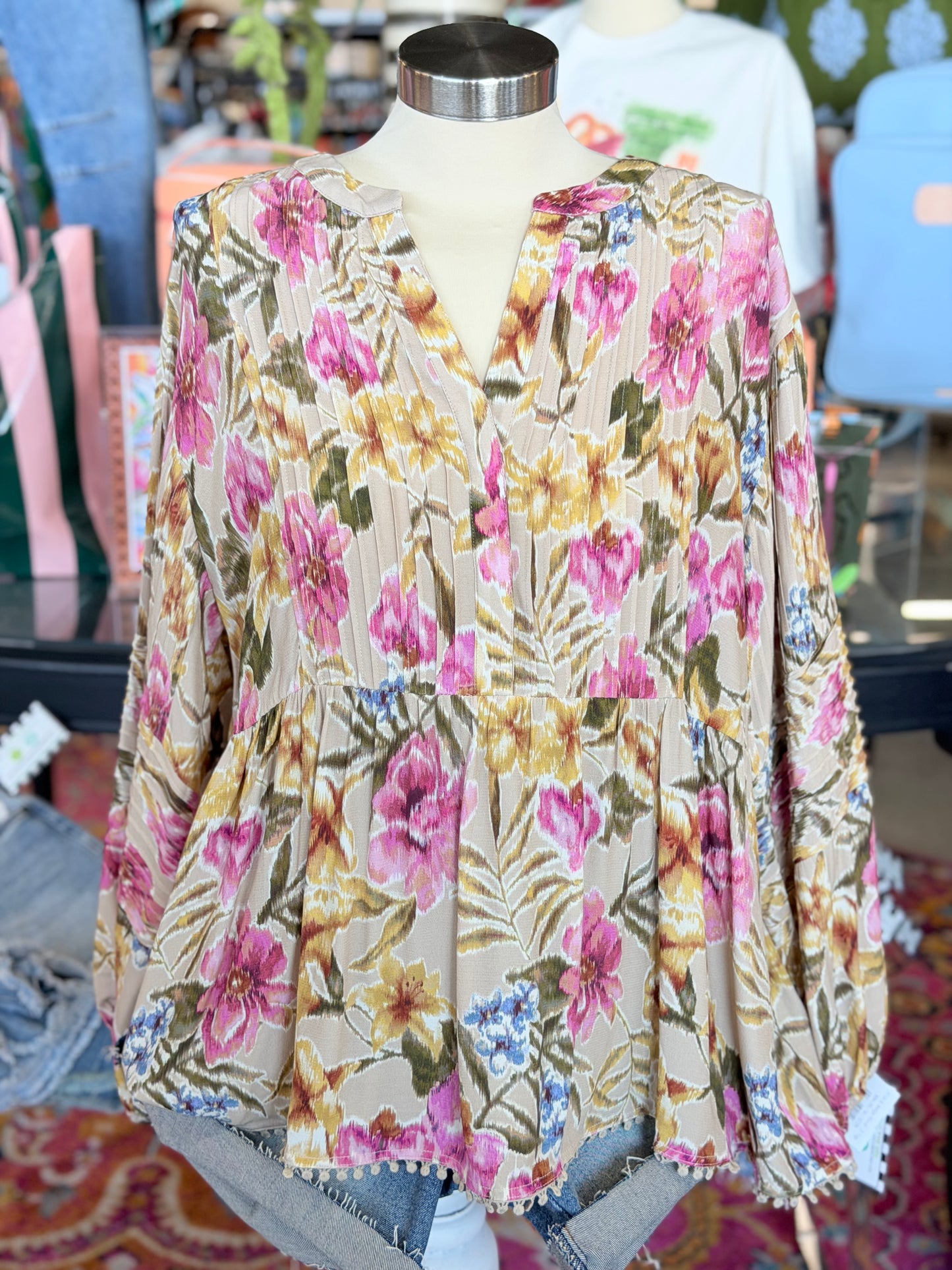 Pink & Beige Floral LS Top