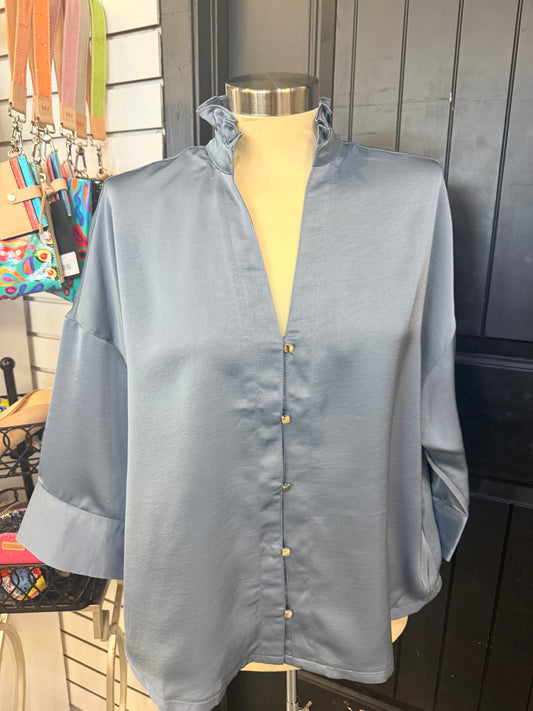 Slate VNeck Silky Button Up Top