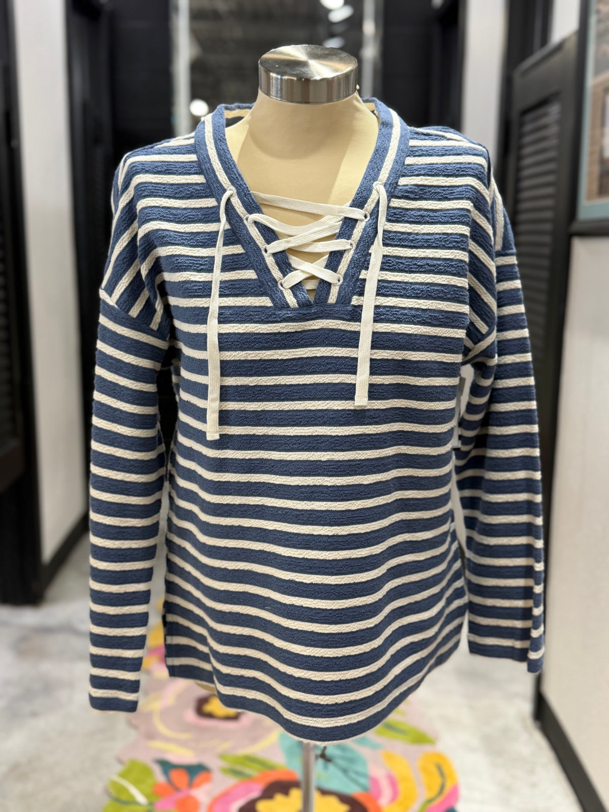 Blue Stripe Lace Up Pullover