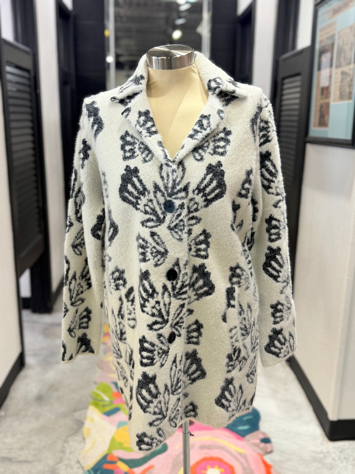White & Black Jacquard Sweater Coat
