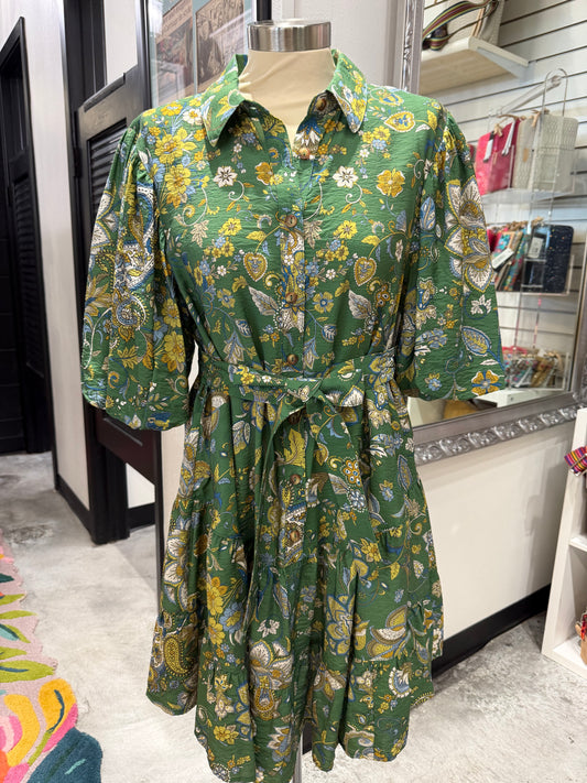 Green Tiered Skirt Shirt Dress