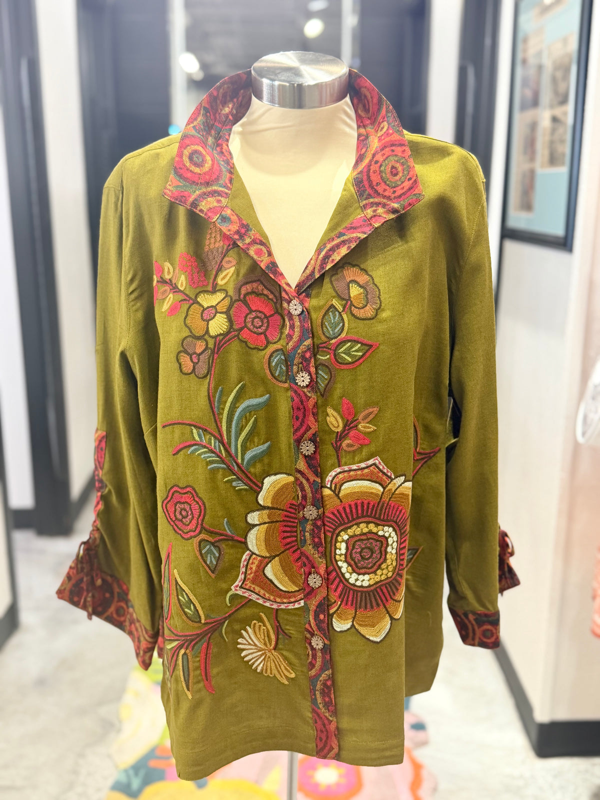 Olive/Red Embroidered Top