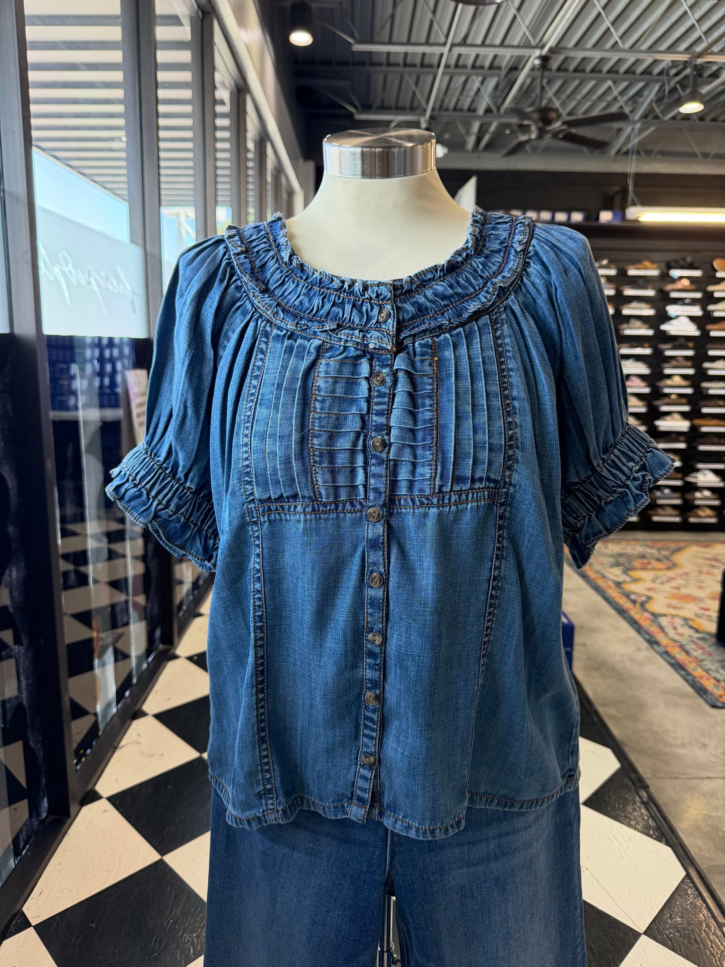 Denim Ruffled Neck Top