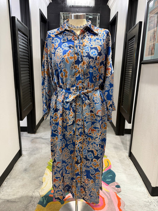 Blue Satin Floral Shirt Dress