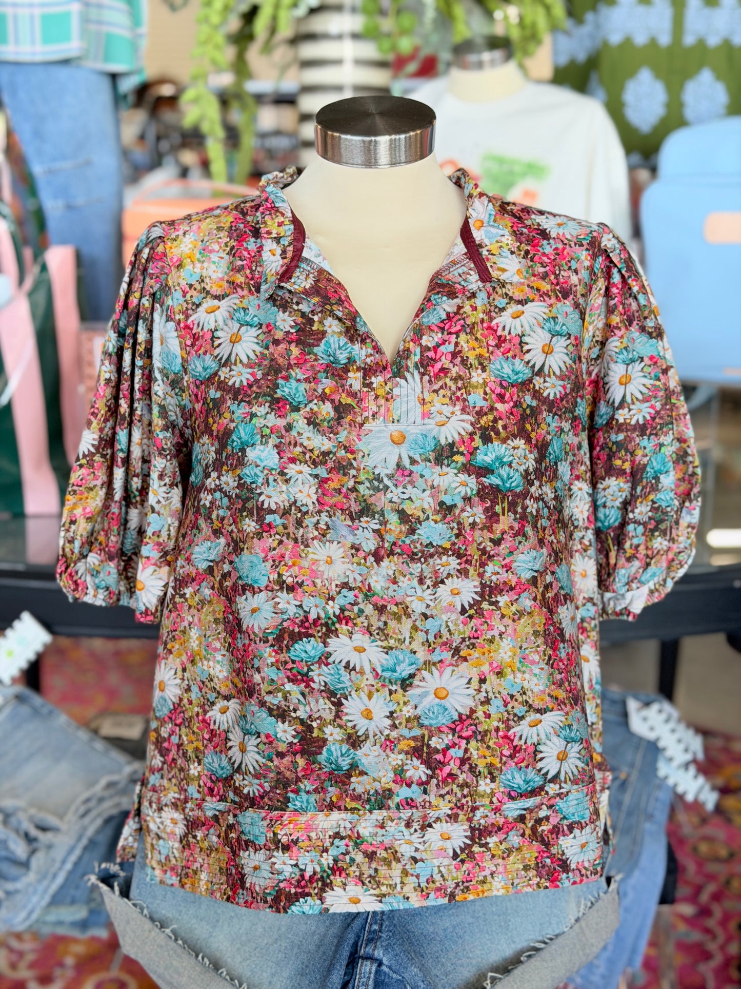 Brown Multi Daisy Popover Top