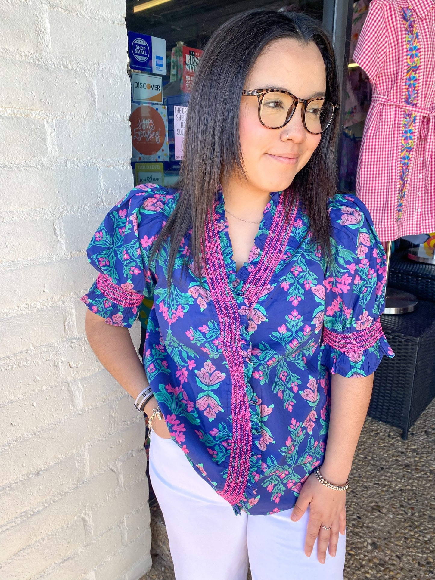 Navy Floral V Collar Top