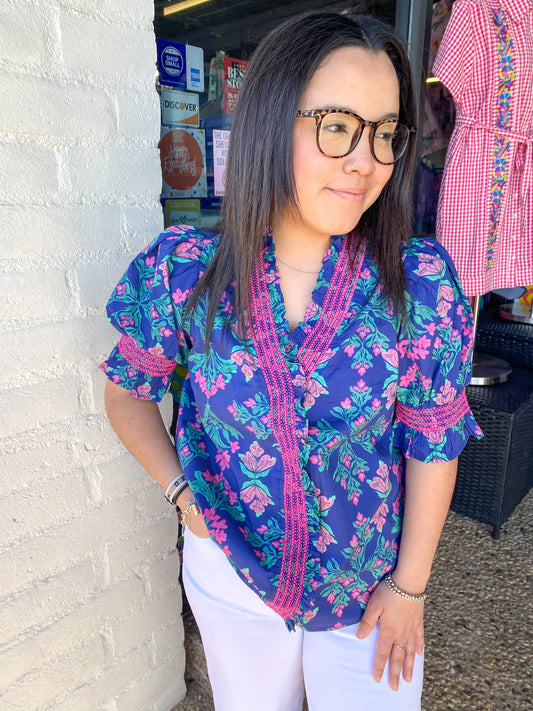 Navy Floral V Collar Top