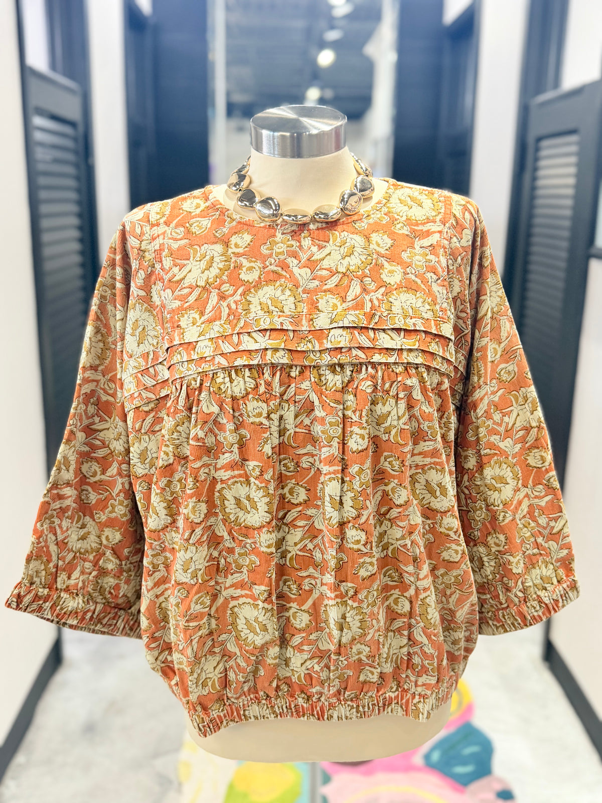 Orange Floral Corduroy Bubble Top