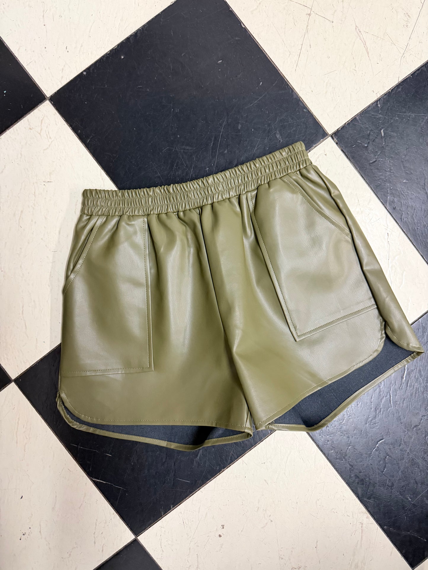 Olive Faux Leather Pull On Short