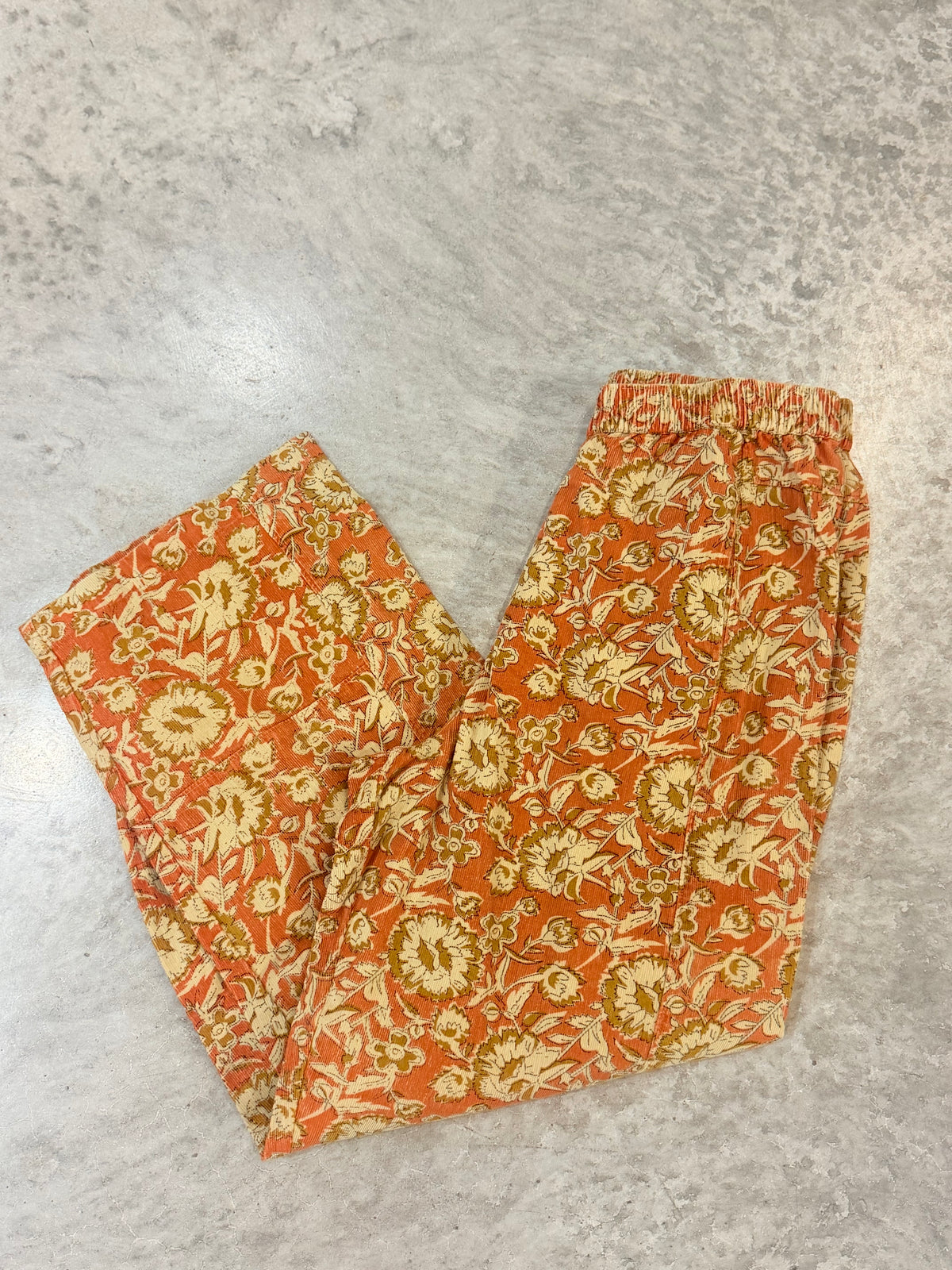 Orange Floral Corduroy Barrel Pants