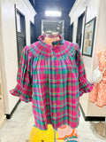 Pink Plaid Smocked Yoke Blouse