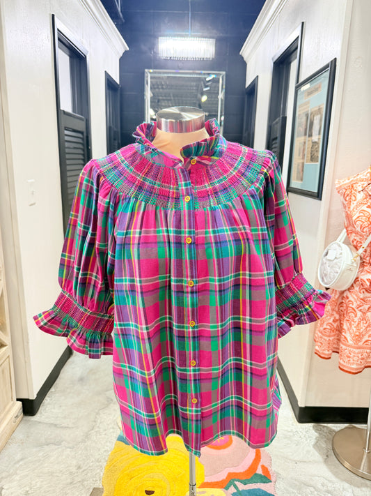 Pink Plaid Smocked Yoke Blouse