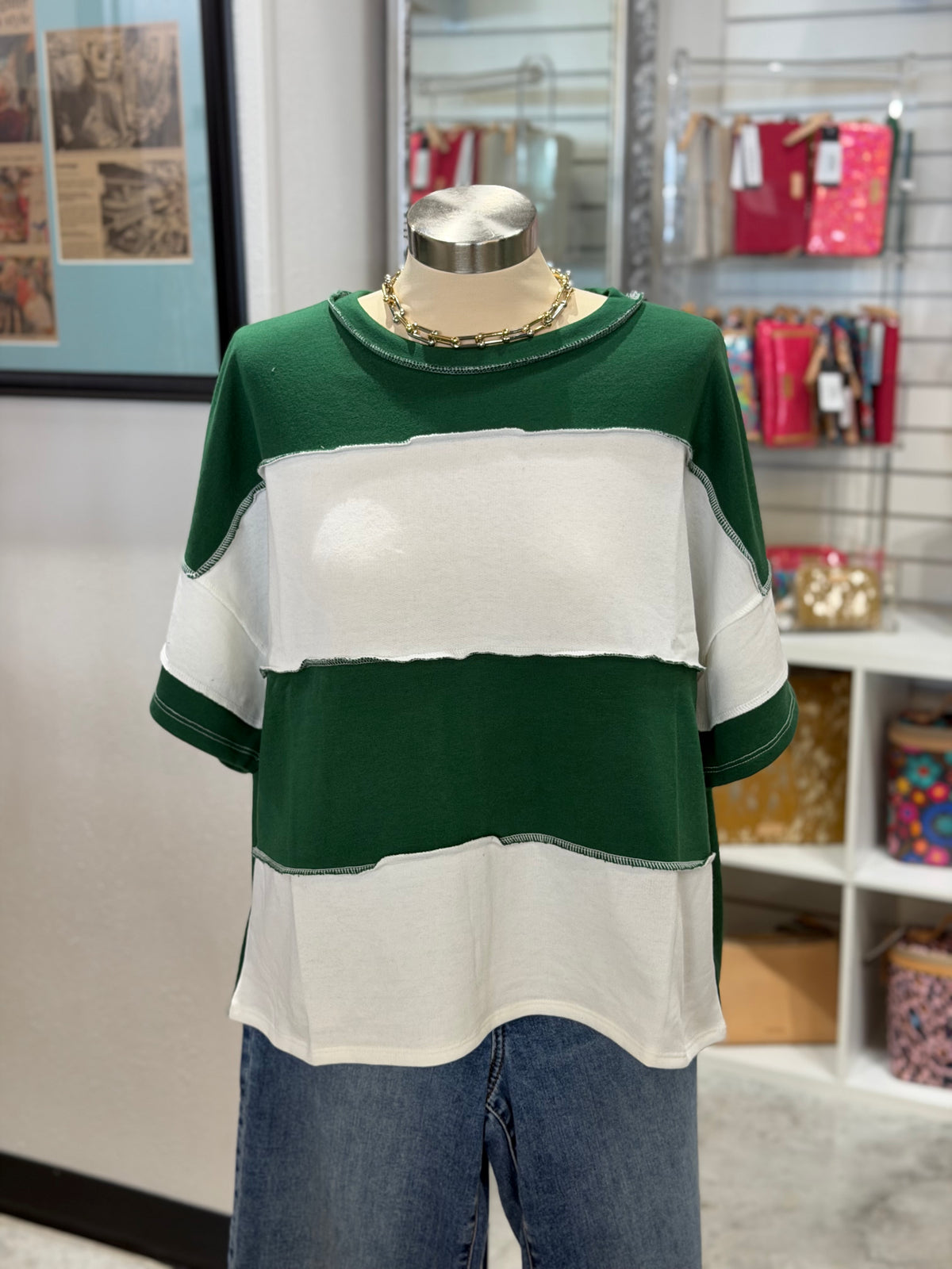 Green/White Color Block Top