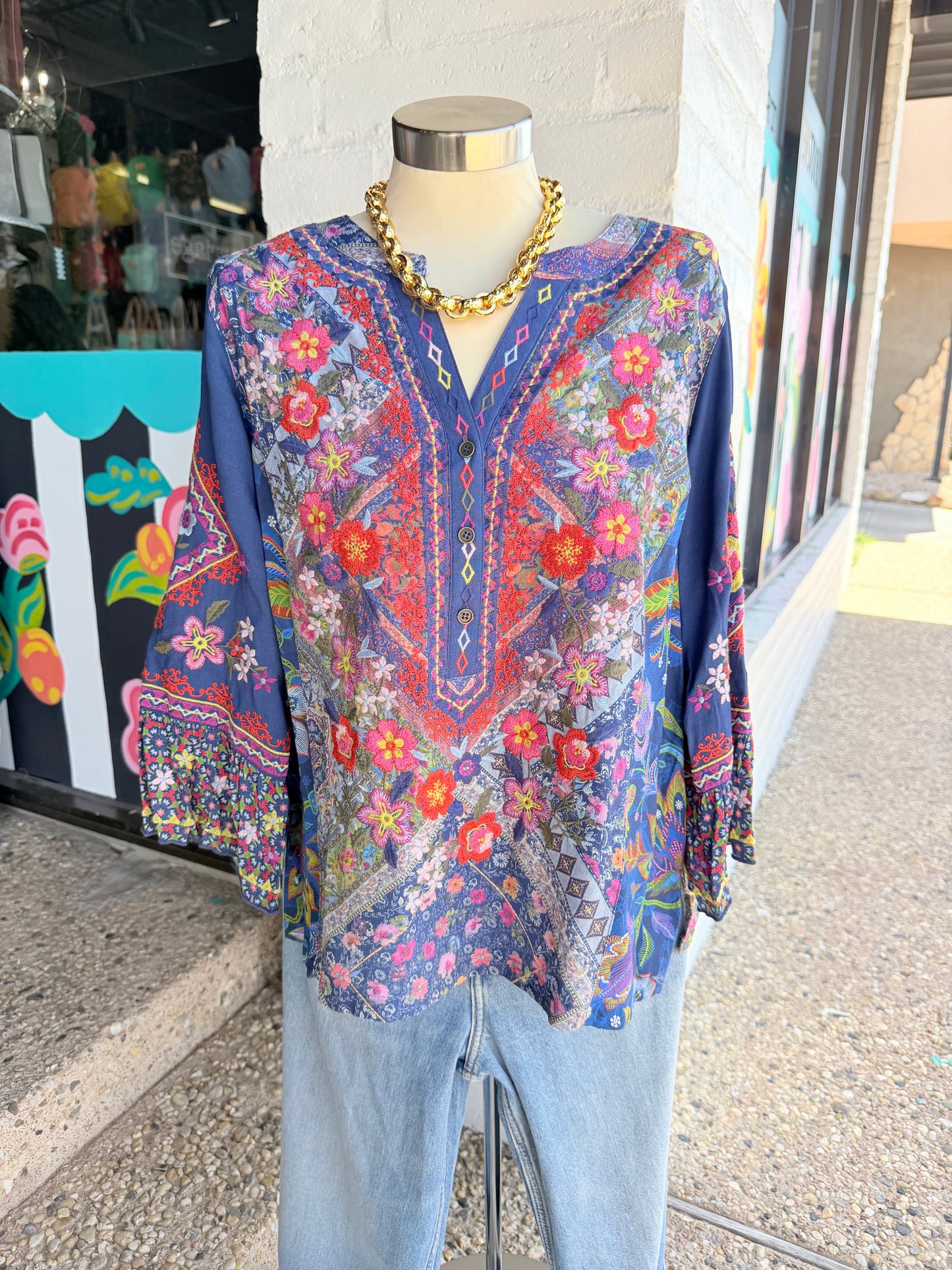 Navy Multicolor Embroidered Top