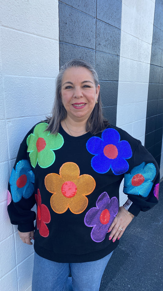 Black Multi Oversized Rhinestone Flower Sweatshirt