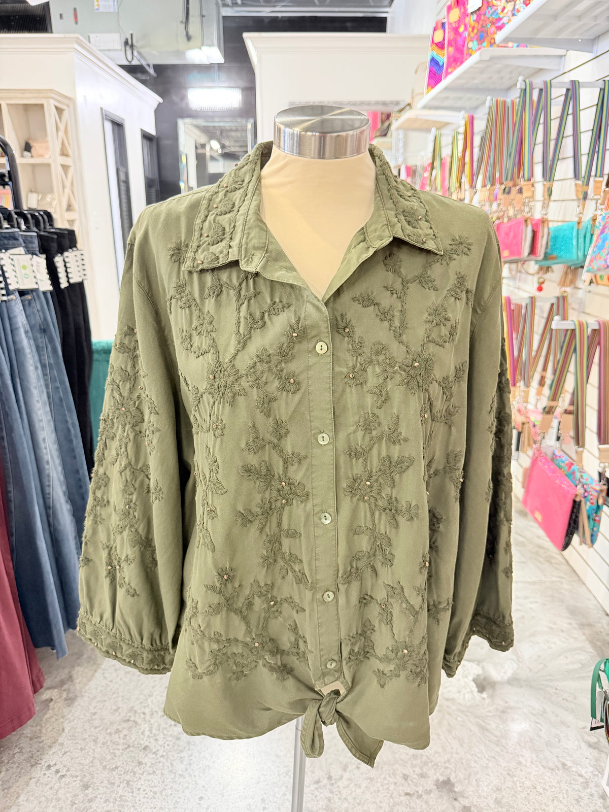 Olive Green Tie Front Top
