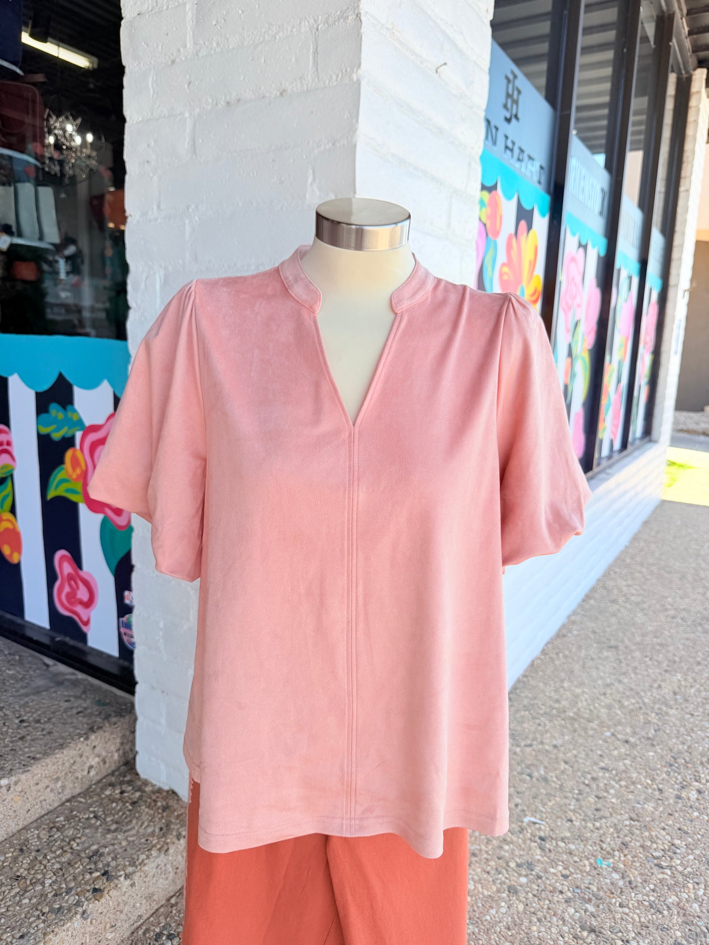 Rose Faux Suede Poof Sleeve Top