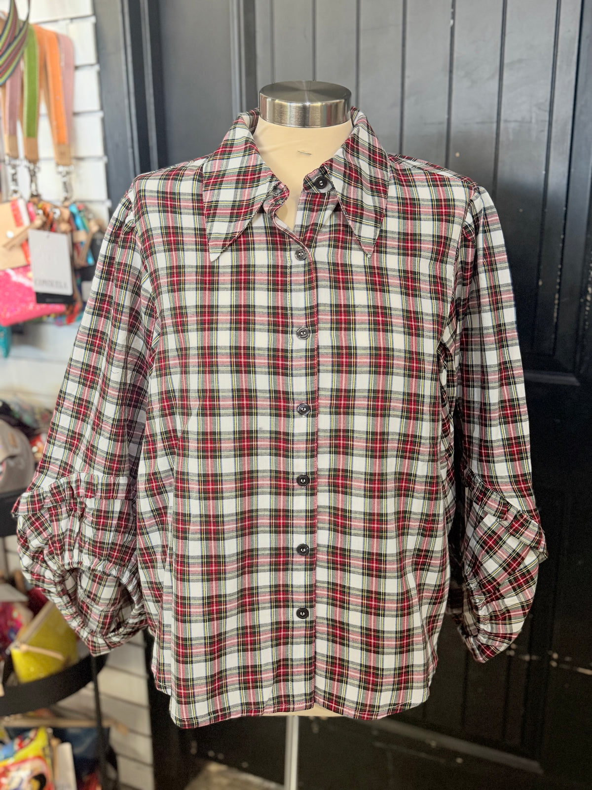Holiday Plaid Balloon Sleeve Top