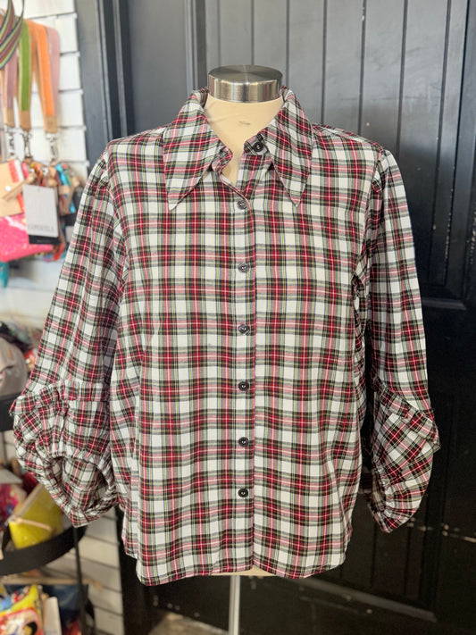 Holiday Plaid Balloon Sleeve Top