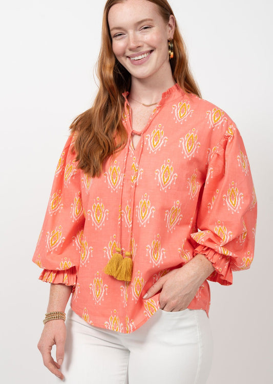 Coral Ikat Blouson Sleeve Top