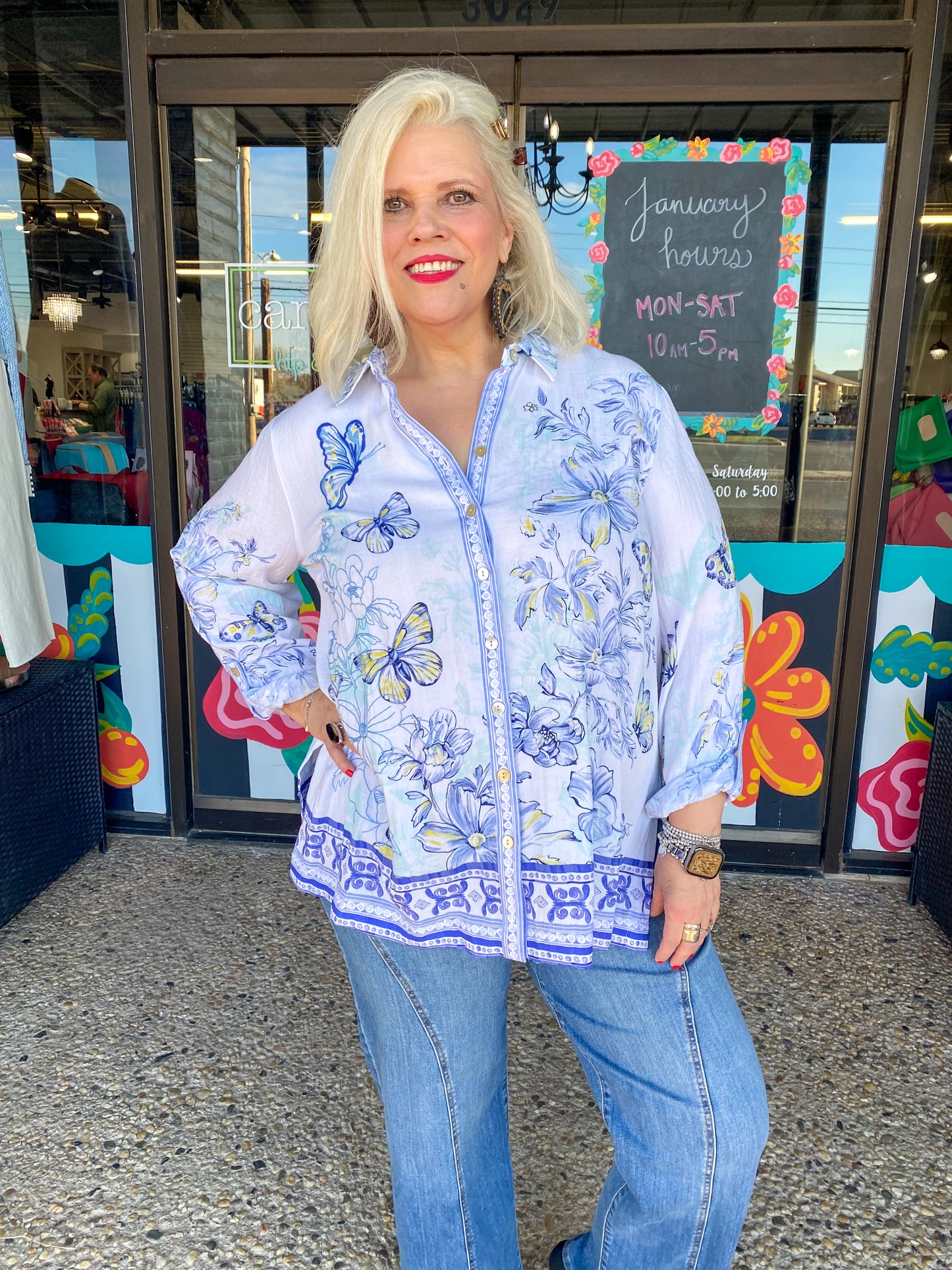Printed Button Front Blouse