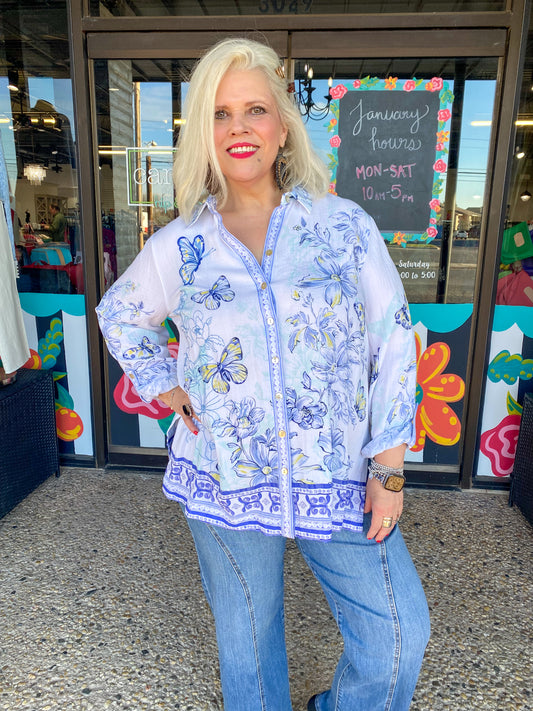 Printed Button Front Blouse