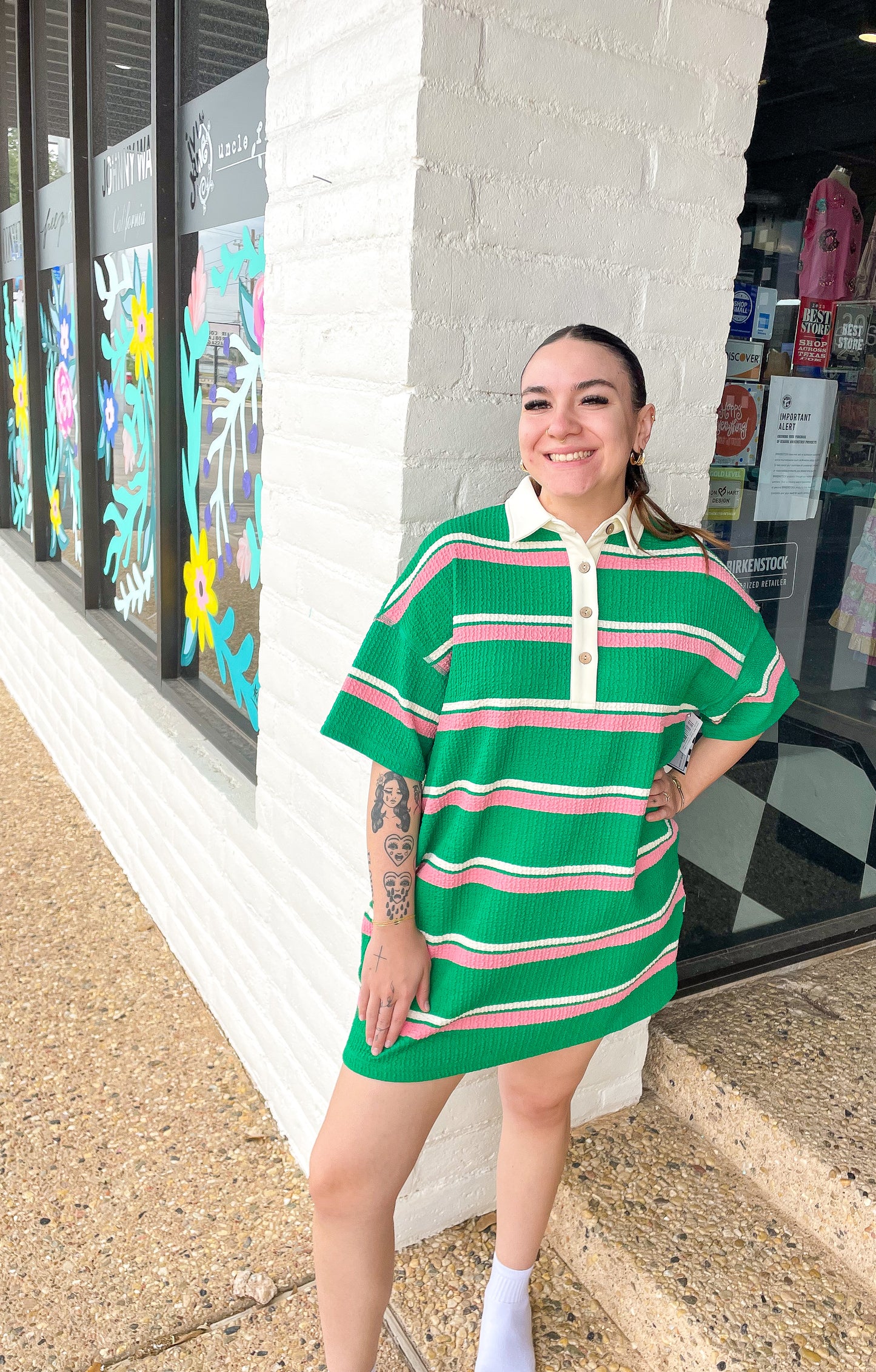 Green Bold Stripe Dress w Collar