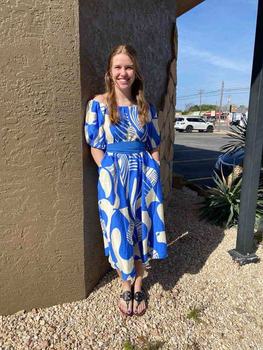 Blue Deco Off the Shoulder Flared Dress