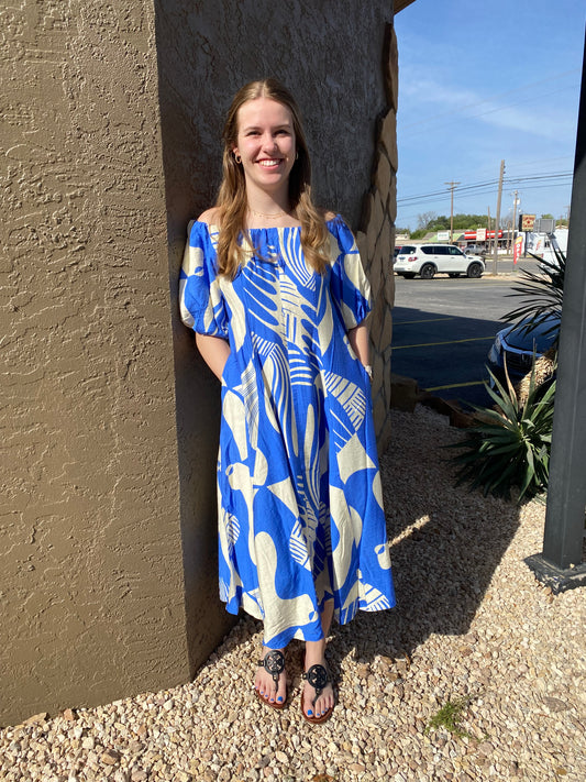 Blue Deco Off the Shoulder Flared Dress