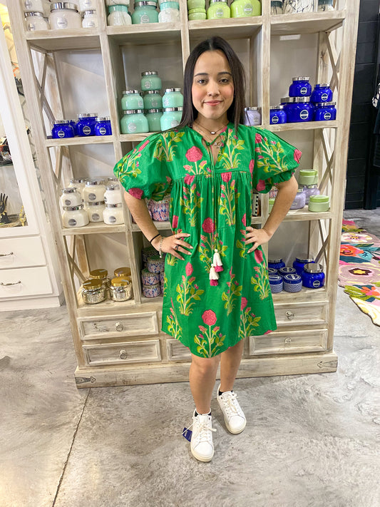 Green Puff Sleeve Floral Dress
