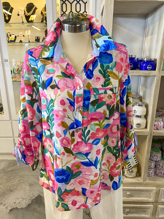 Pink Flower Button Up w/ Roll Sleeves