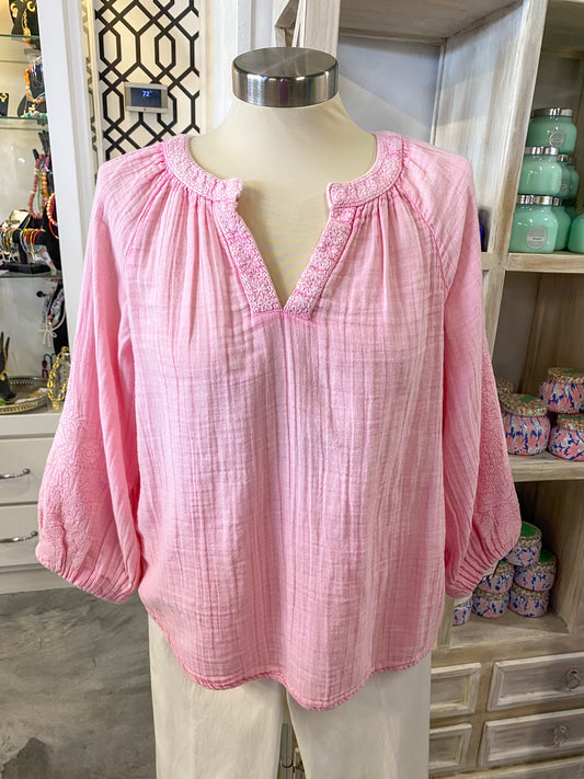 Pink Embroidered Sleeve Top