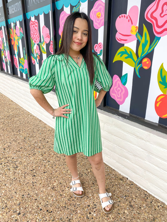 Green Stripe Pleated Sleeve Dress