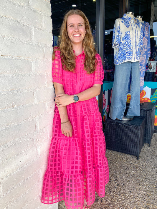 Pink Puff Sleeve Tiered Dress