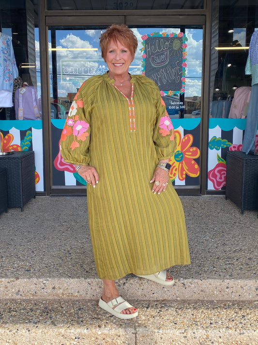 Olive Embroidered Puff Sleeve Maxi Dress
