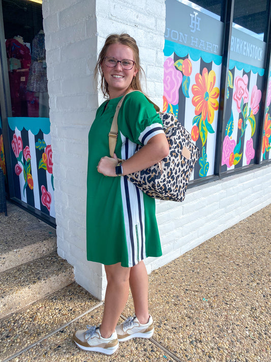 Kelly Green Puff Sleeve Varsity Trim Dress