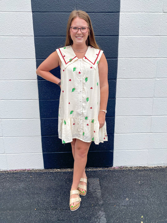 Cream Mix Cactus & Hearts Collared Babydoll Dress