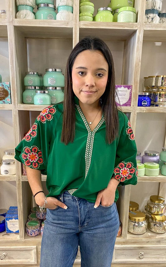 Green Embroidered Puff Sleeve Top