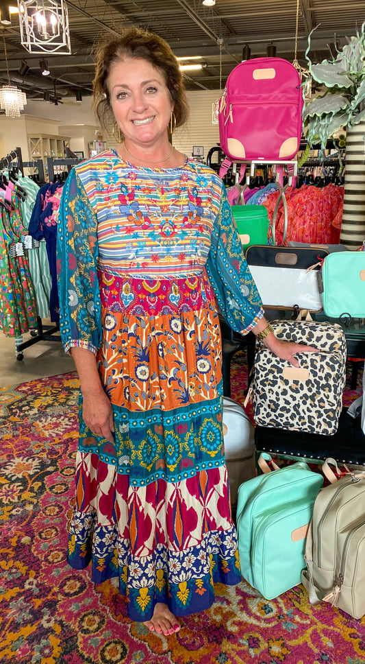 Multi Print Tiered Dress with Embroidery