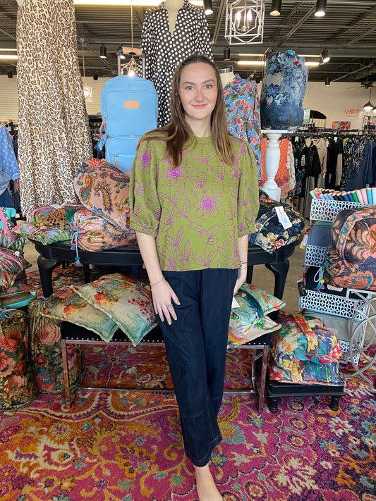 Green Floral Vines Knit Top