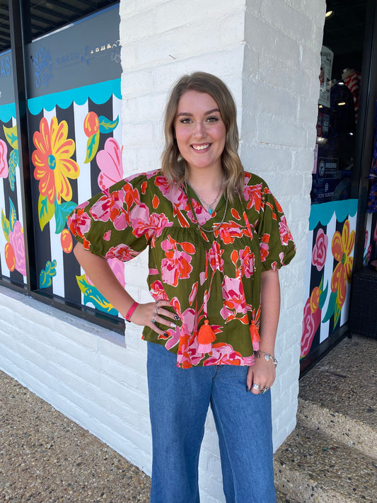 Olive Short Puff Sleeve V-Neck Top