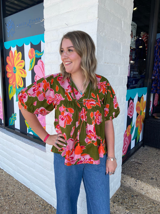 Olive Short Puff Sleeve V-Neck Top