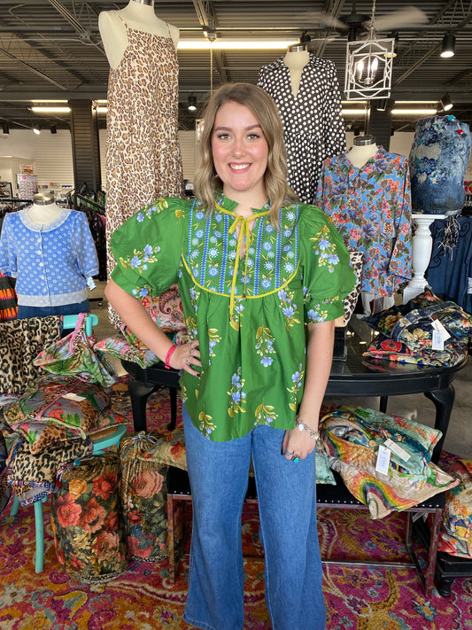 Green Floral Ruffle Top