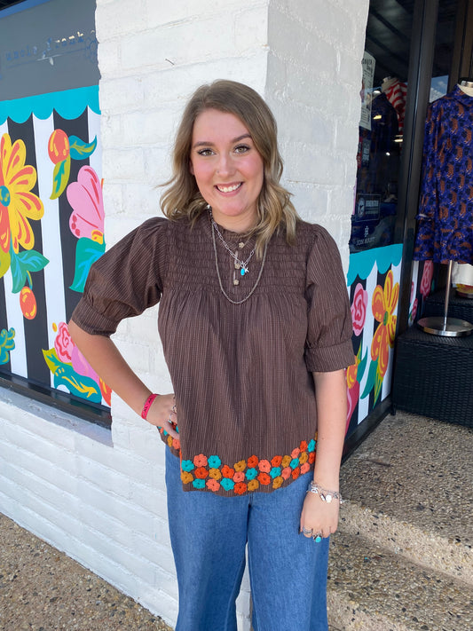 Brown Hem of Flowers Top