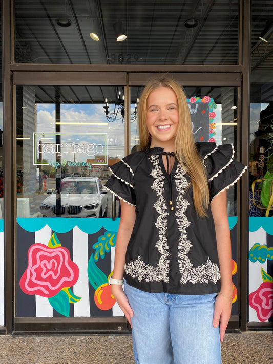 Black Ric Rac Ruffle Sleeve Top