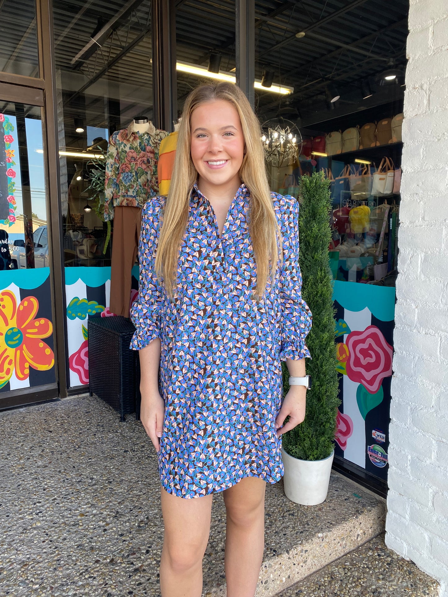 Blue Empire Placket Collar Dress