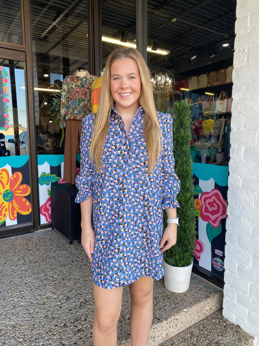 Blue Empire Placket Collar Dress