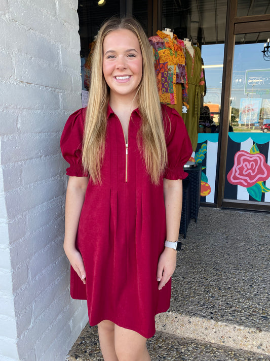 Wine Front Zip Darts Dress