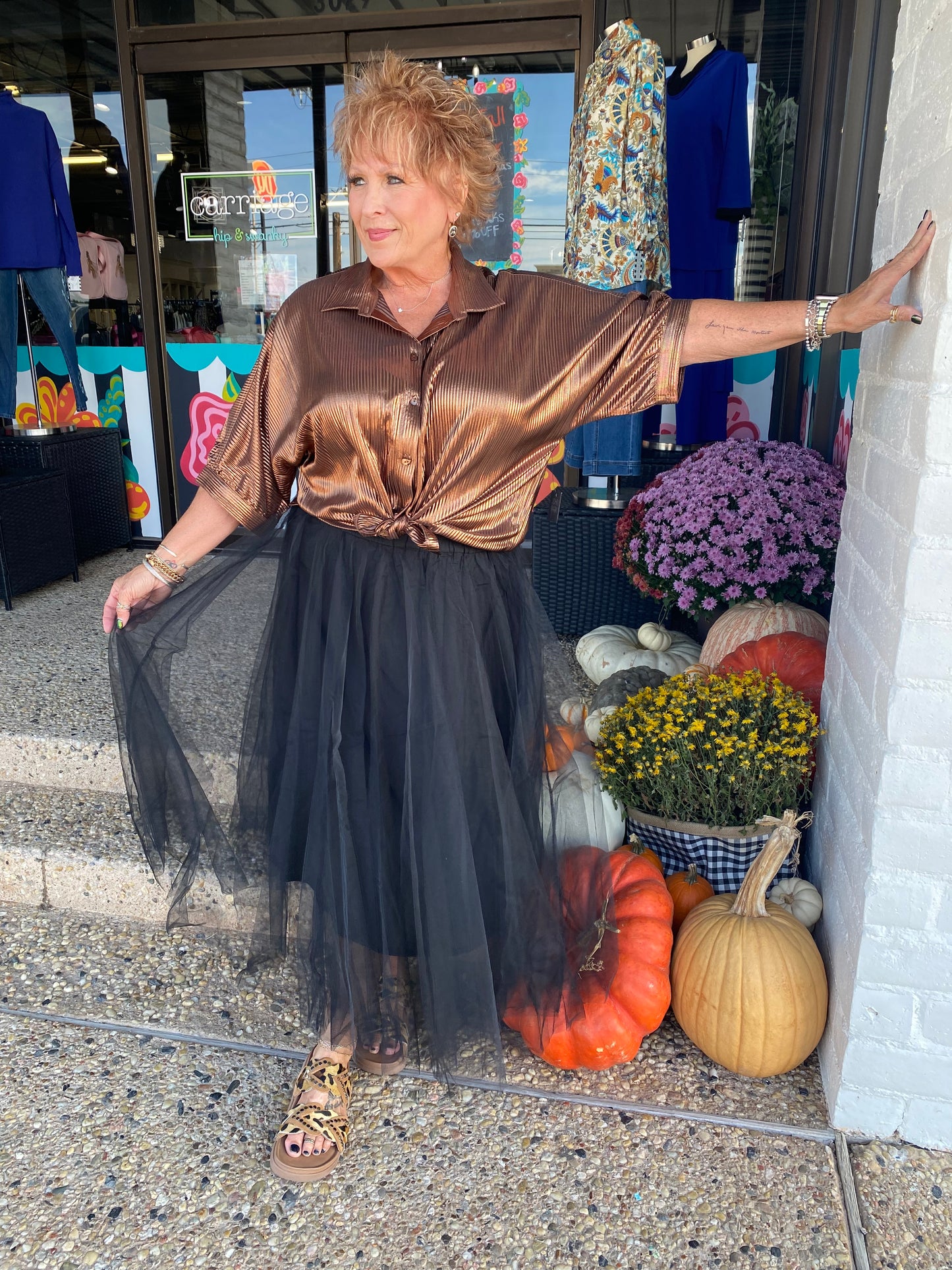 Brown Shimmer Pleat Blouse